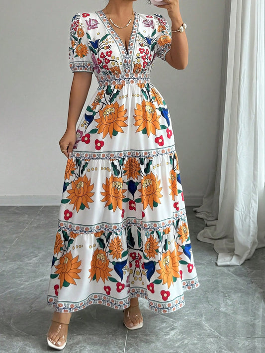2574 V-Neck Puff Sleeve Dress
