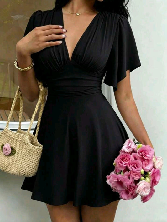 3050 V-Neck Ruched Bust Ruffle Sleeve Cinched Waist Dress