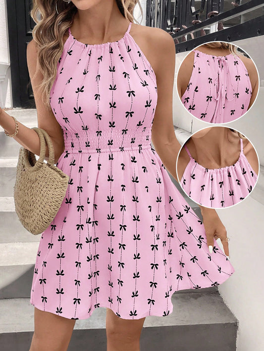 #2700 Bowknot Halter Neck Sleeveless Mini Dress