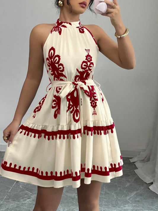 7627 Floral Print Halter Neck Casual Daily Dress With Waist Tie