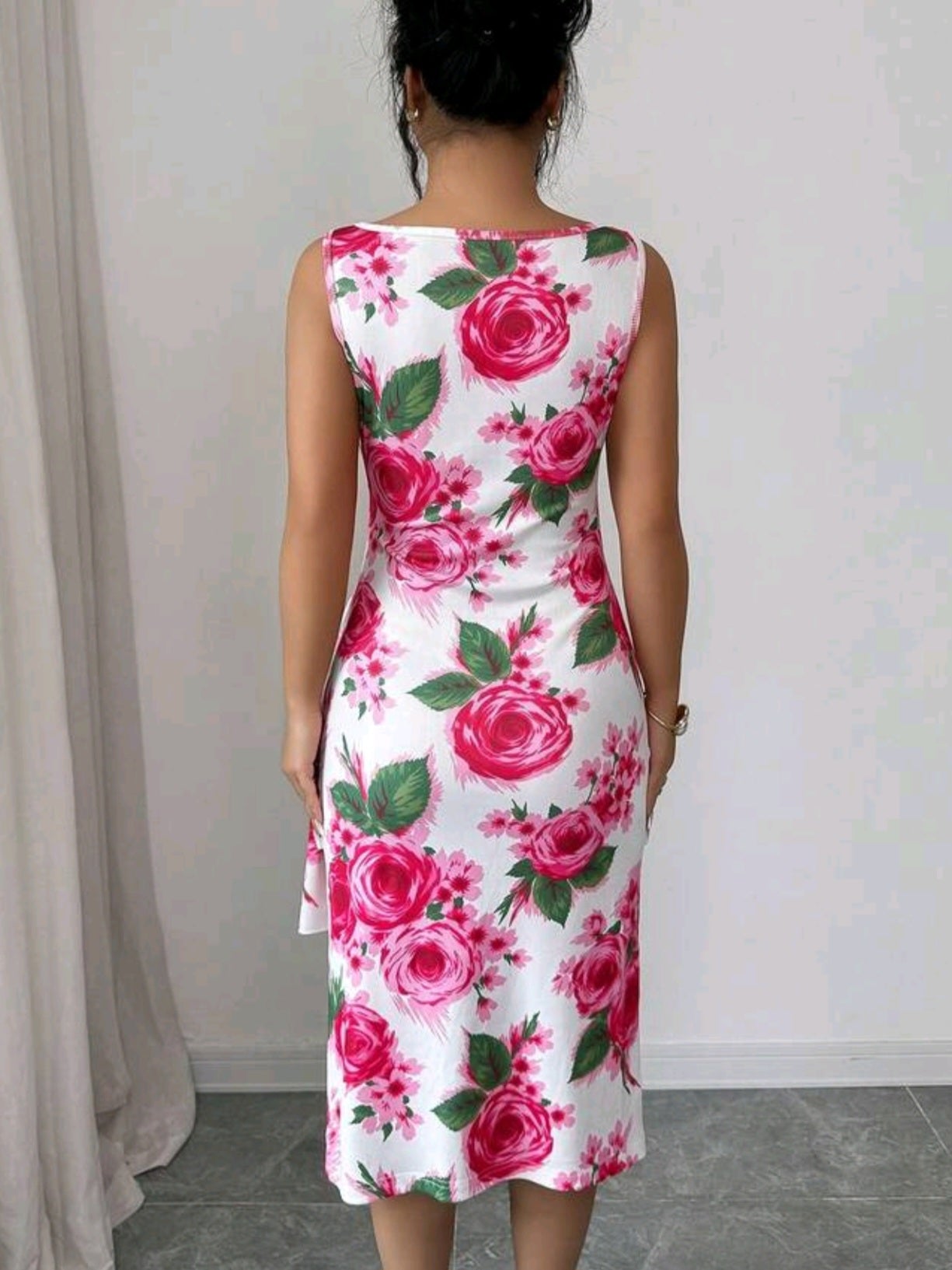 1969 Floral Print Asymmetric Ruffle Hem Sleeveless Dress