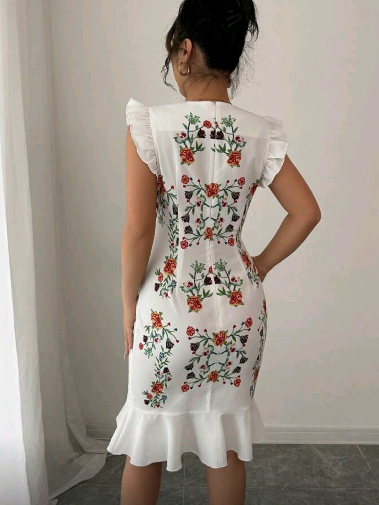 7756 Floral Print Cap Sleeve Elegant Dress