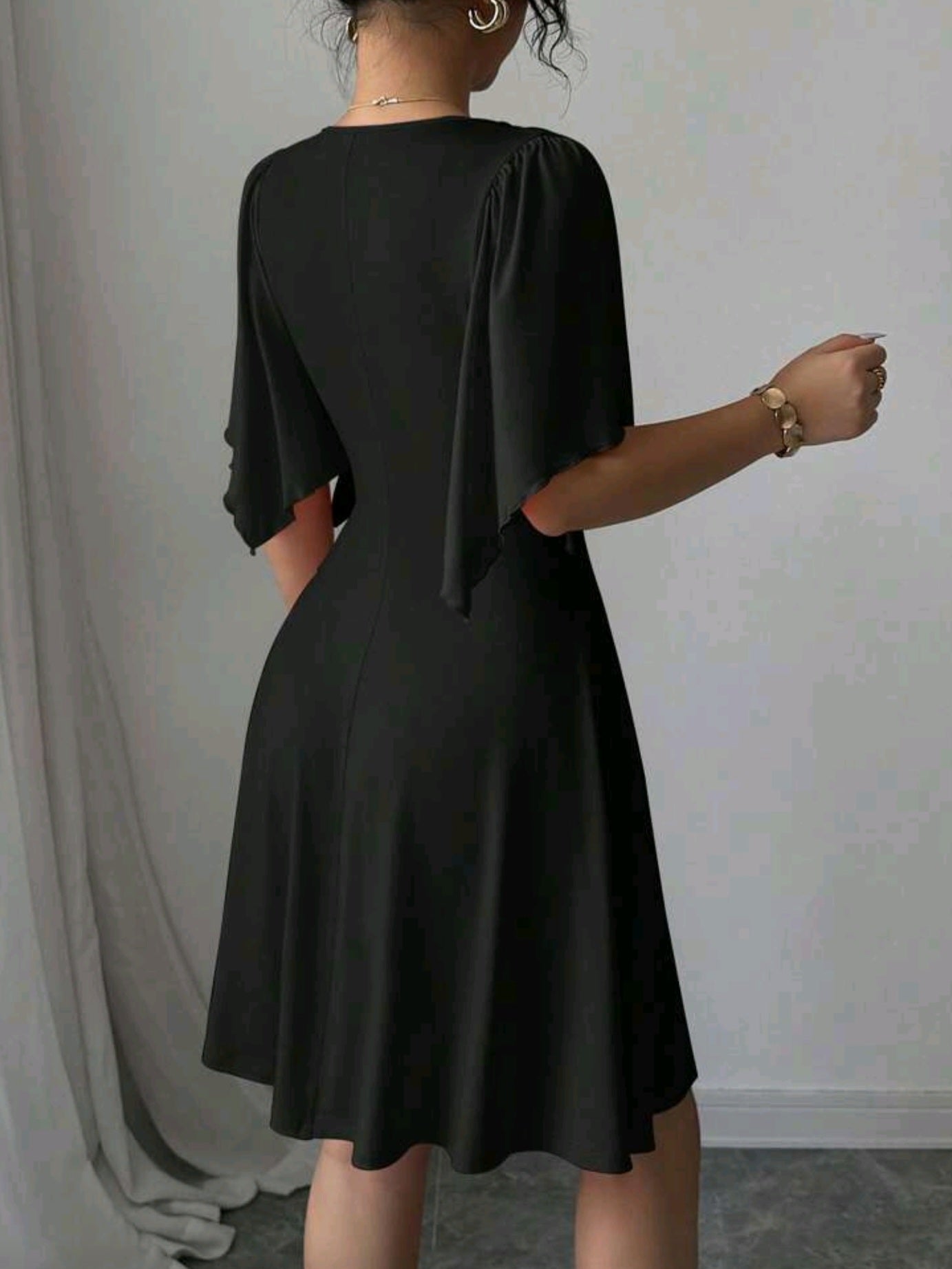 3050 V-Neck Ruched Bust Ruffle Sleeve Cinched Waist Dress