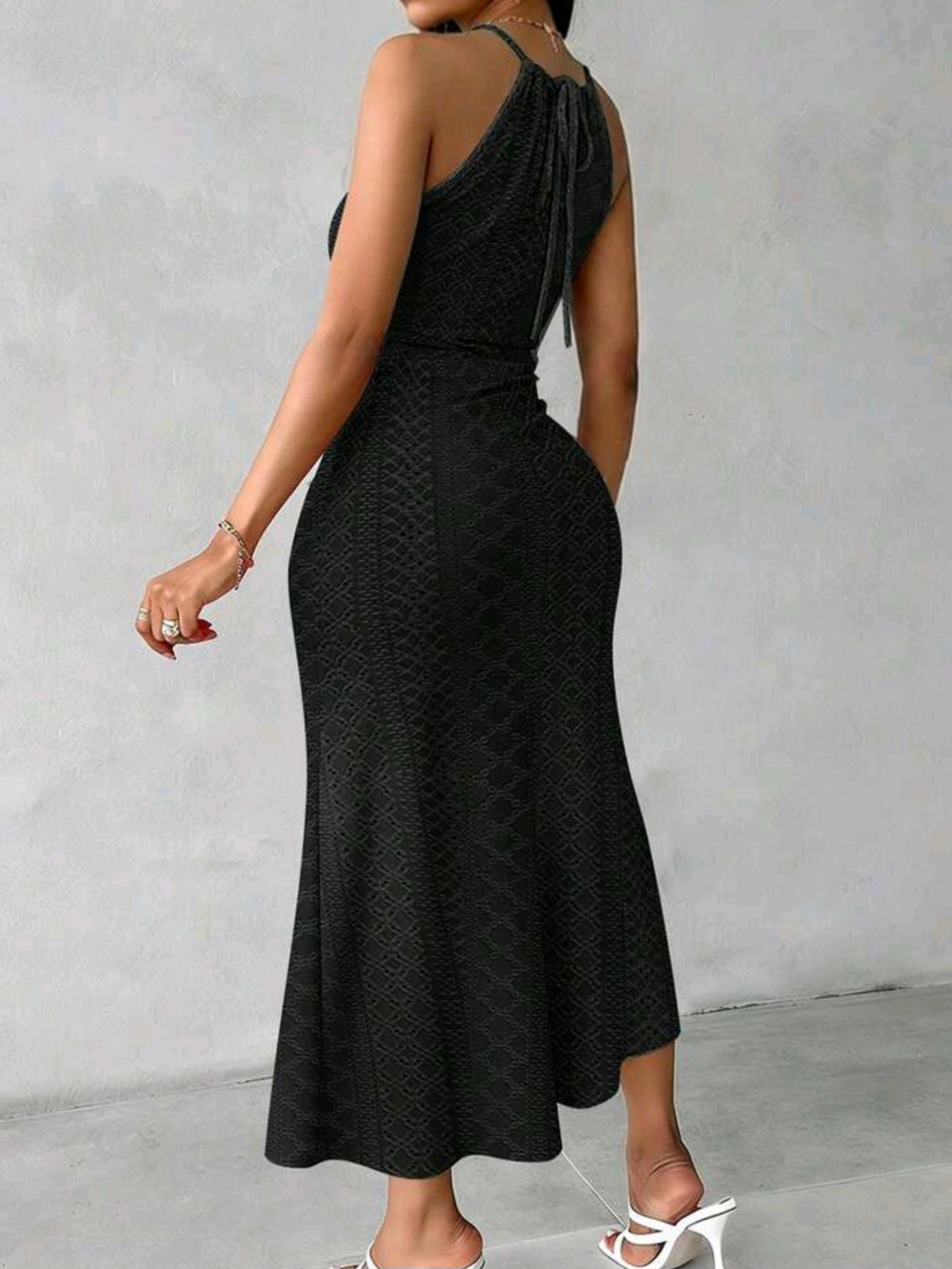 0715 Knitted Jacquard Texture Design Pleated Hollow Slit Dress