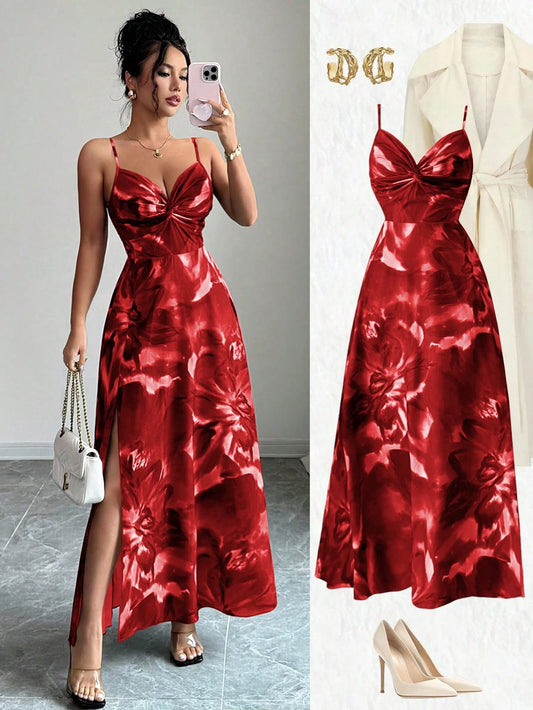 4175 Floral Fabric Spaghetti Strap Adjustable Bust Twist Design Dress