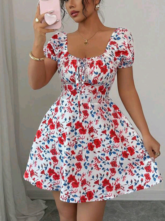 3672 Ditsy Floral Puff Sleeve Dress