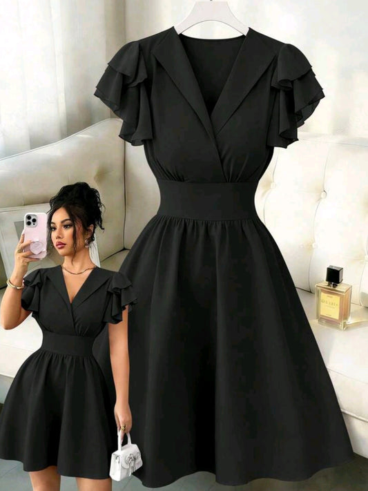 4754 Waist Drawstring Chiffon Ruffle Sleeve Dress