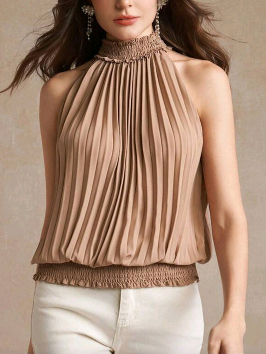 3316 Keyhole Back High Neck Pleated Detail Blouse