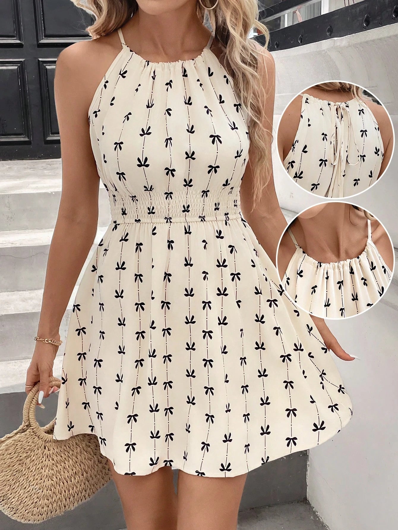 (1904)#0422 Bow Neck Sleeveless Mini Dress