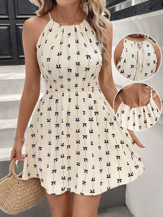(1904)#0422 Bow Neck Sleeveless Mini Dress
