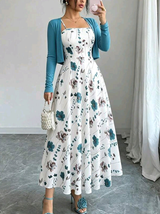 2024 Cinched Waist Dress With Knit Cardigan Set