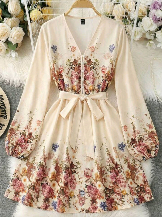 6390 V-Neck Waist Tie Button A-Line Dress