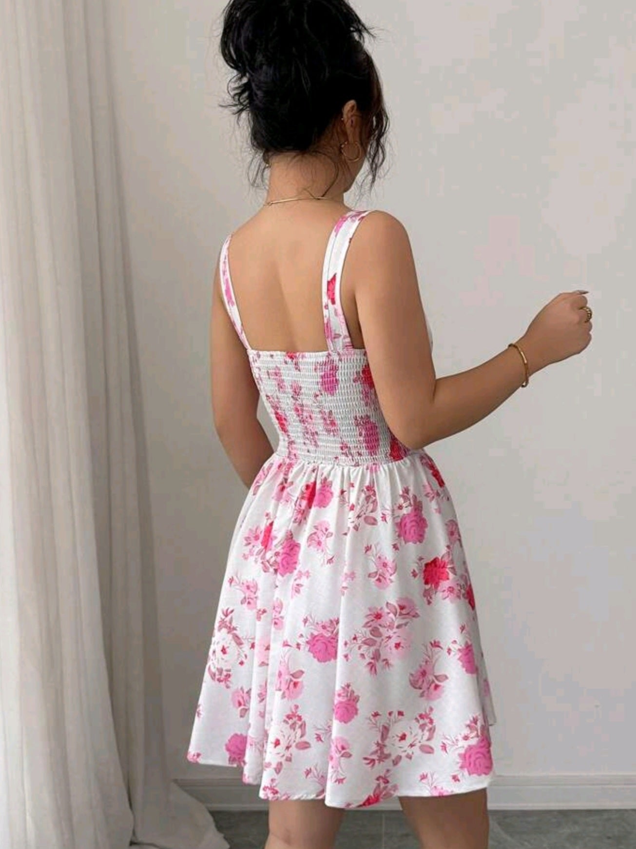 #5751 Square Neck Cinched Waist Floral Print Elegant Dress