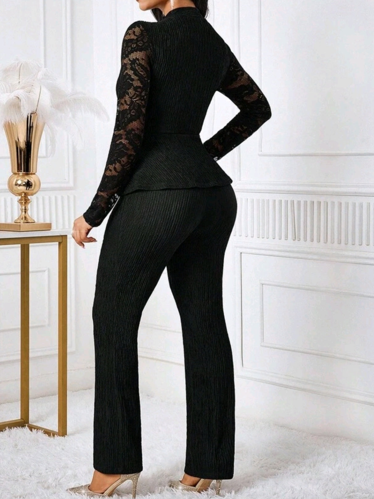 3513 2 piece Lace Long Sleeve Top And Flared Pants