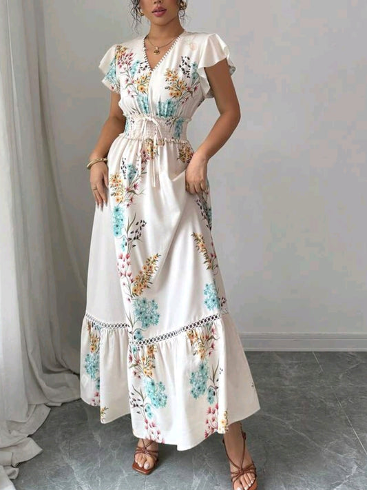 1707 / 2440 Floral Print Shirred Design Ruffle Waist Dress