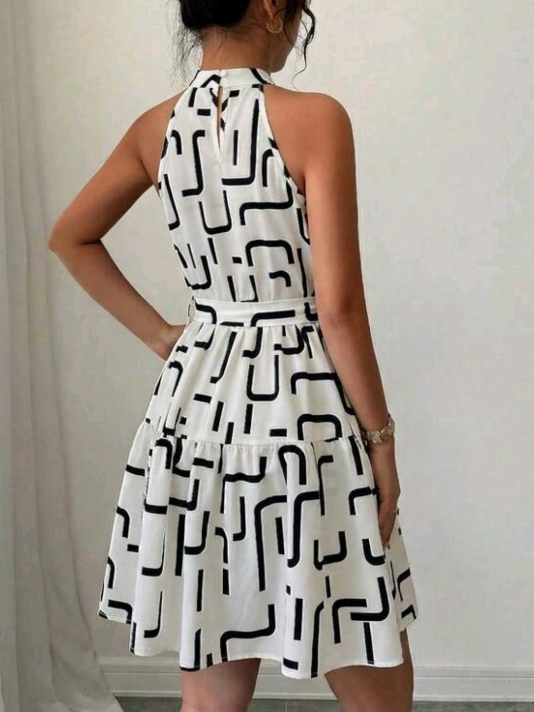 2978 Asymmetrical Geometric Print Cinched Waist Dress