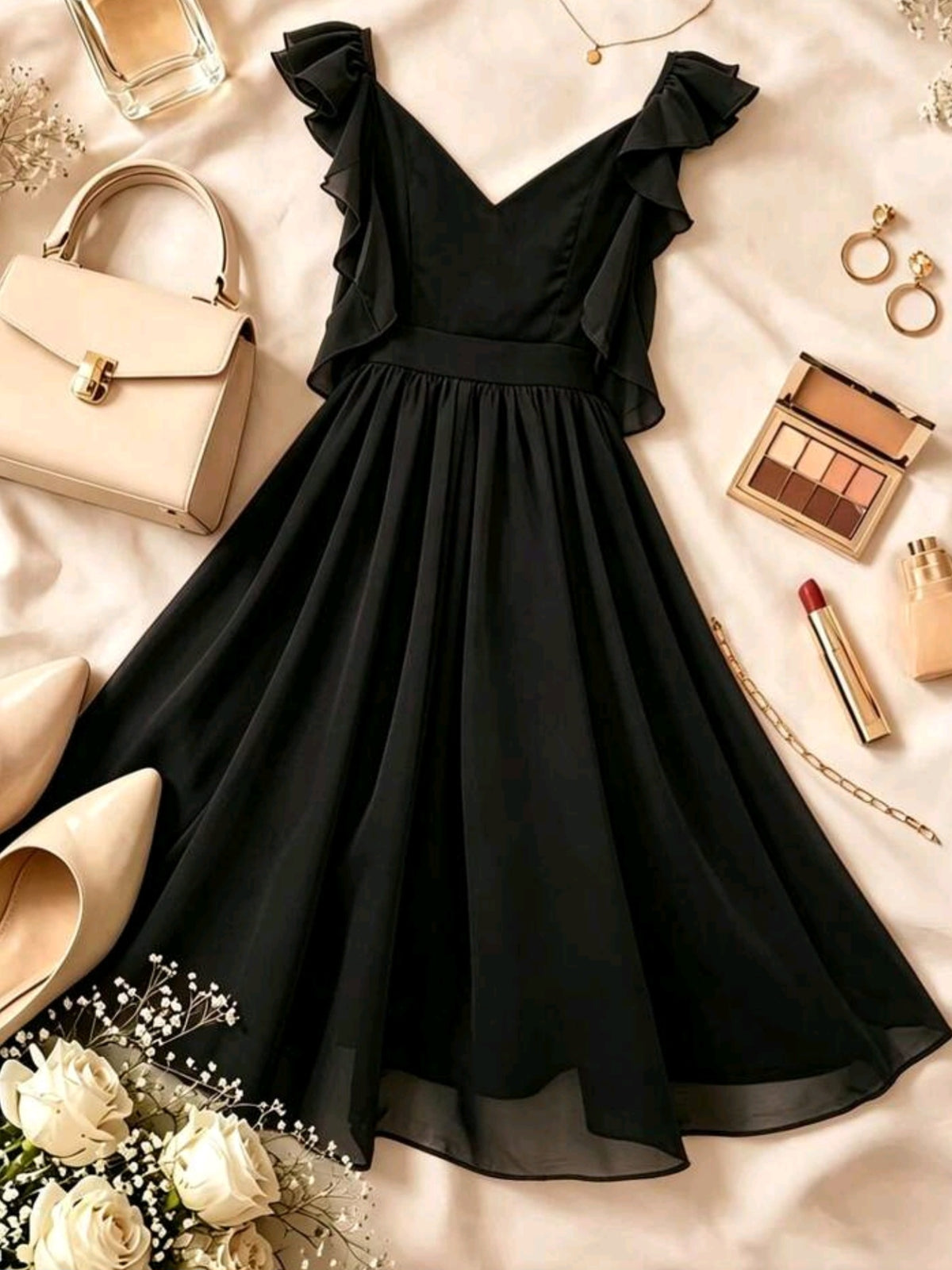 7263 V-Neck Ruffle Solid Color Short Dress