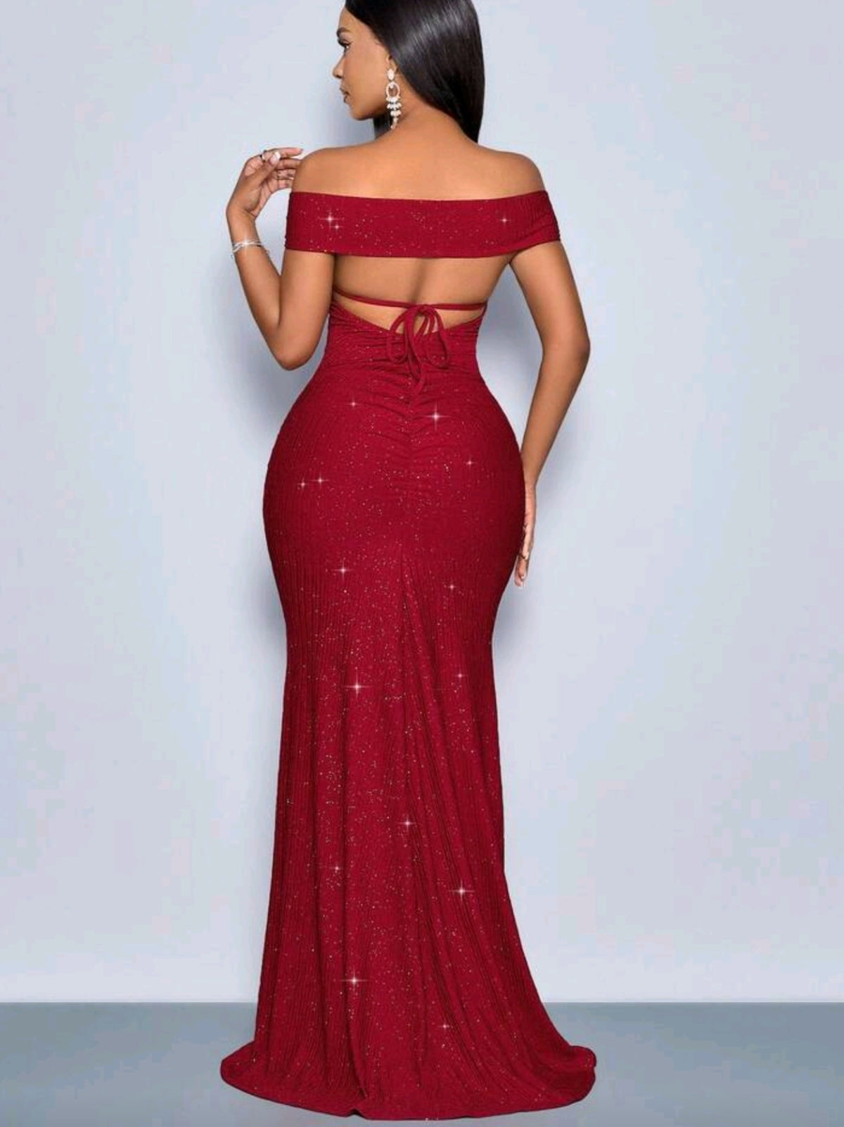 9911 Metallic Sheen Twisted Off Shoulder Backless High Slit Maxi Dress