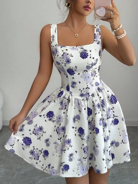 #1334 Square Neck Waist Gathered A-Line Floral Print Dress
