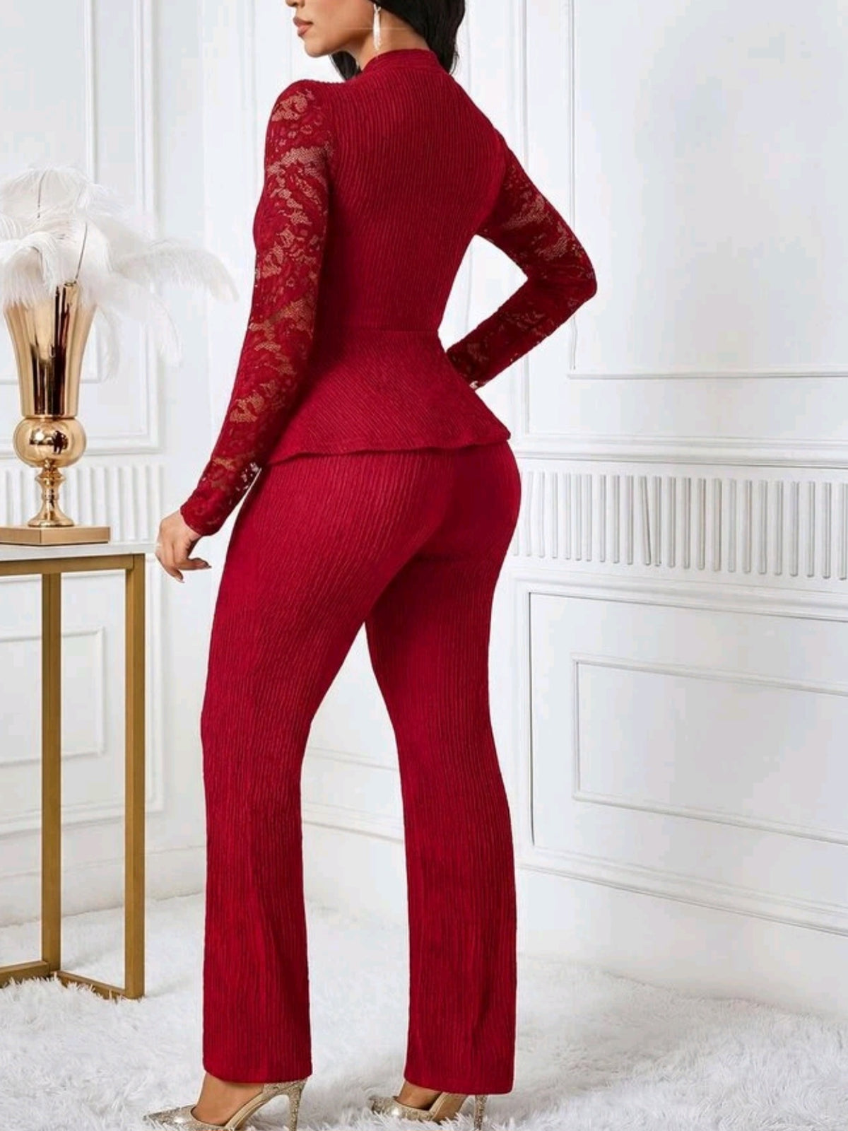4976 Contrast Lace Long Sleeve Top And Flared Pants