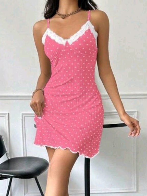 #2534 Heart Print Sleep Dress Pajama Dress With Lace Trim
