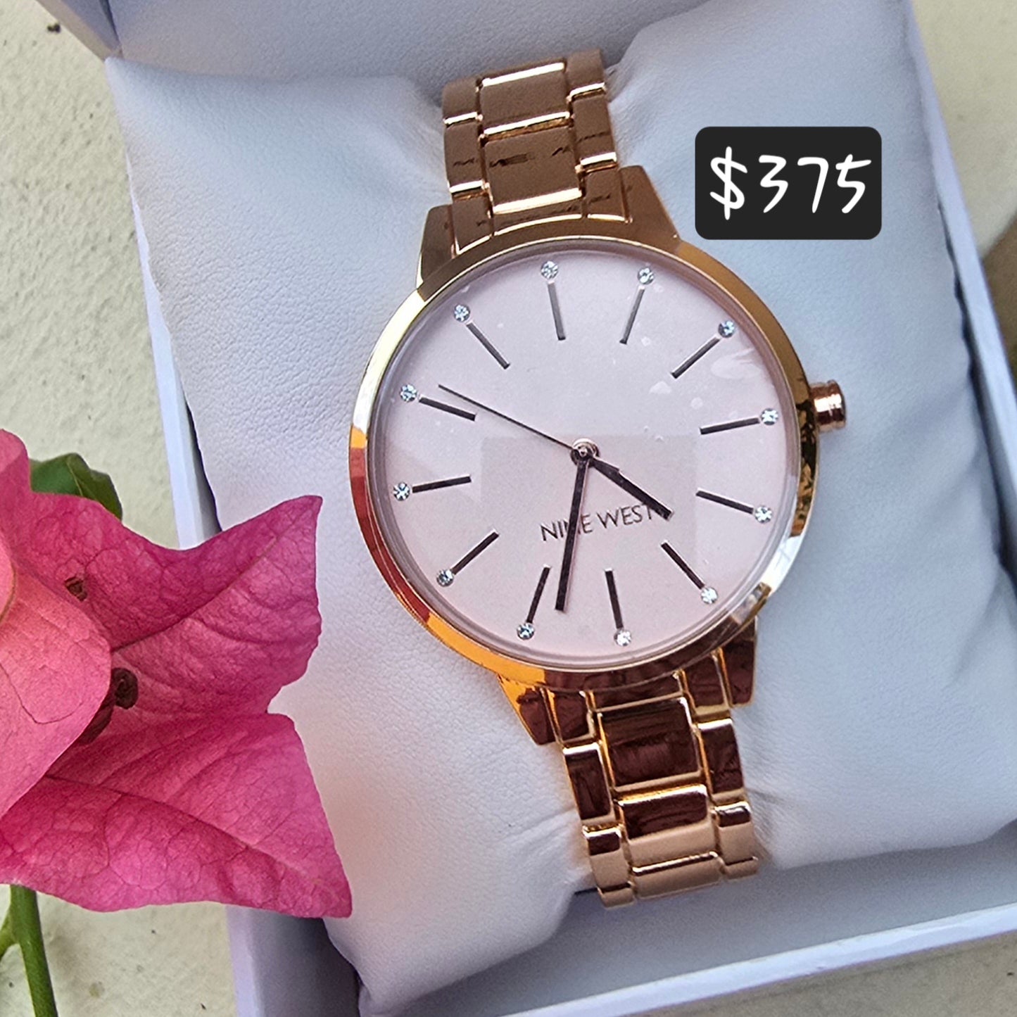 NW /2098PKRG Nine West Floral Dial Bracelet Watch - Rose Gold Tone