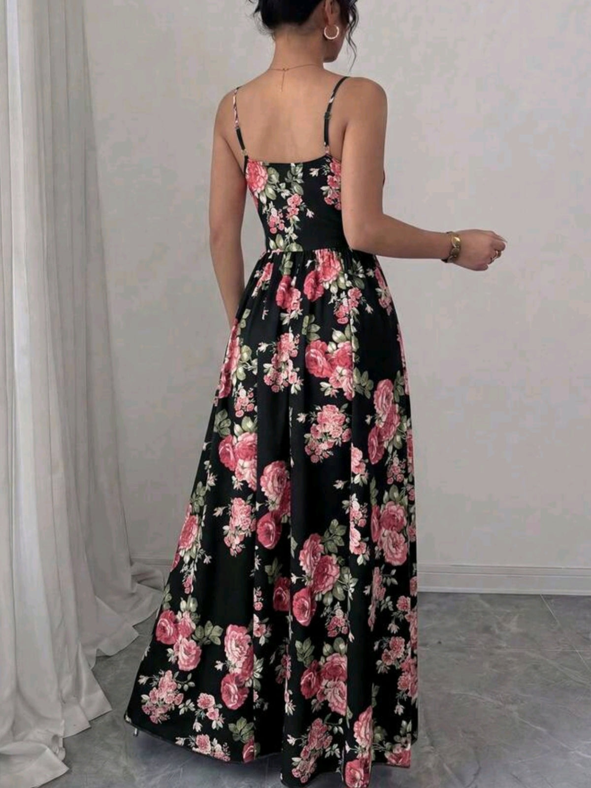 2885 Chiffon Spaghetti Strap Waist Cinched Flowing Dress