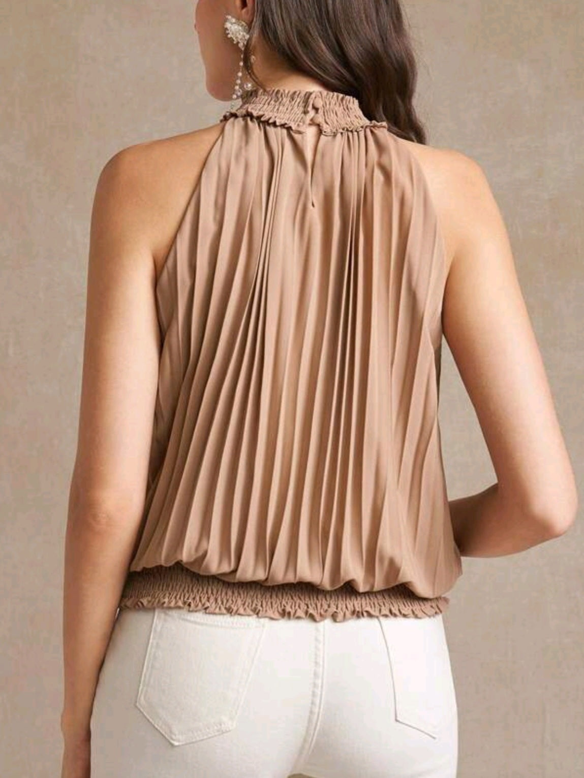 3316 Keyhole Back High Neck Pleated Detail Blouse