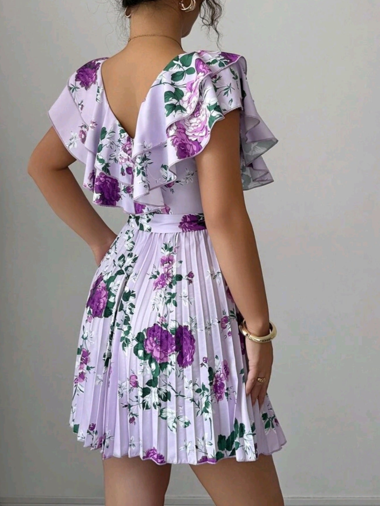 #9778 Ruffle Sleeve V-Neck Cinched Waist Pleated A-Line Floral Print Dress