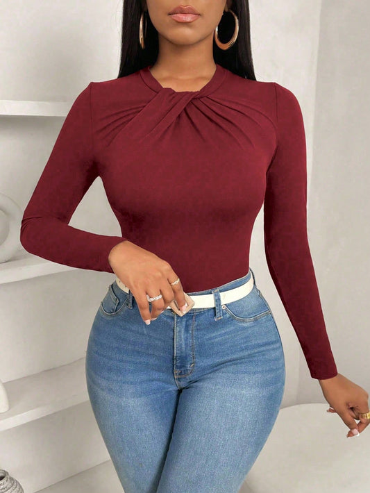 0831 Bowknot Collar Slim Fitted Ruffled Hem Blouse