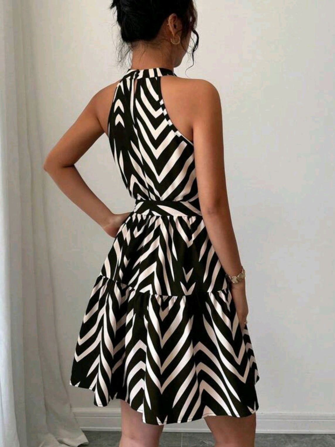 3623 Striped Sleeveless Waist Cinched Mini Dress