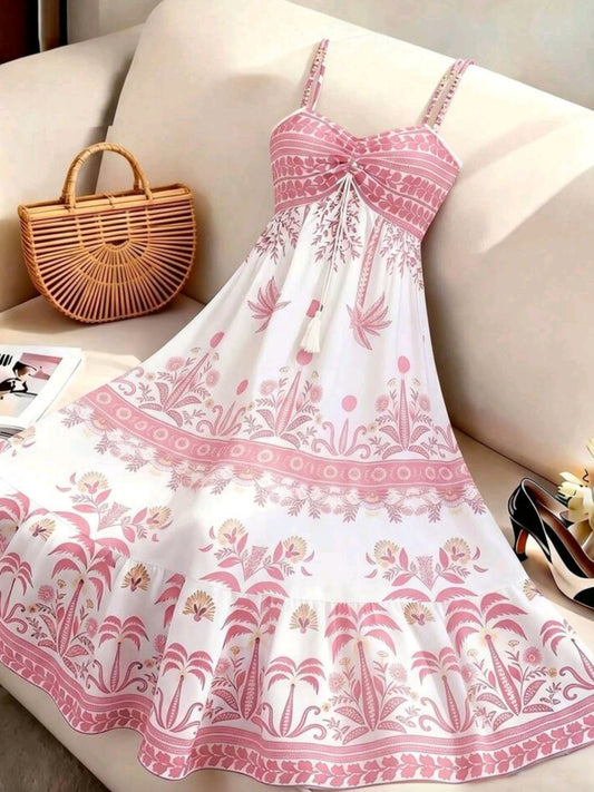 6768 Spaghetti Strap Tie Waist A-Line Maxi Dress