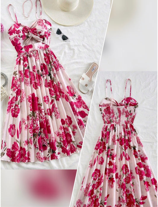 6684 Floral Print Buttoned Hollow-Out Design Slip Midi Dress