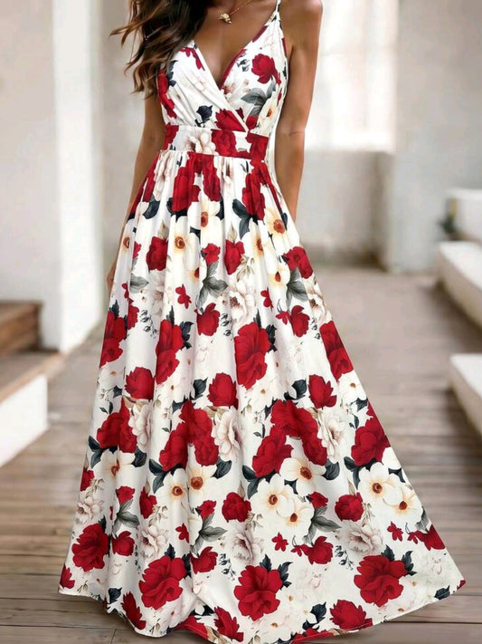 3517 V-Neck Floral Print Waist Cinched Long Dress