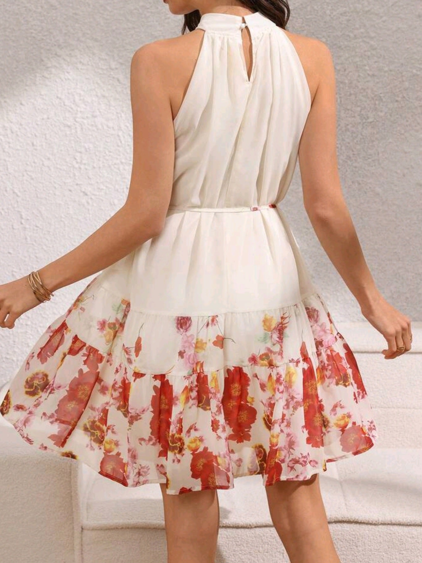5340 Floral High Neck Dress (cream)