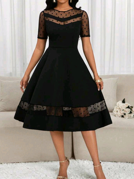 8495 Mesh Splicing Short-Sleeved A-Line Dress