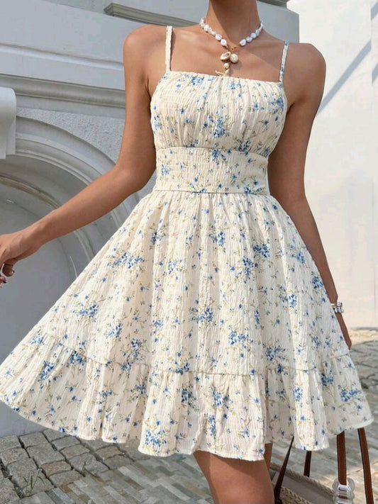 1942 Ditsy Floral Print Ruffle Hem Spaghetti Strap Dress