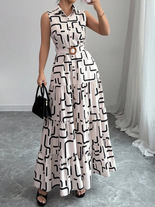 6957 V-Neck Button Sleeveless Dress