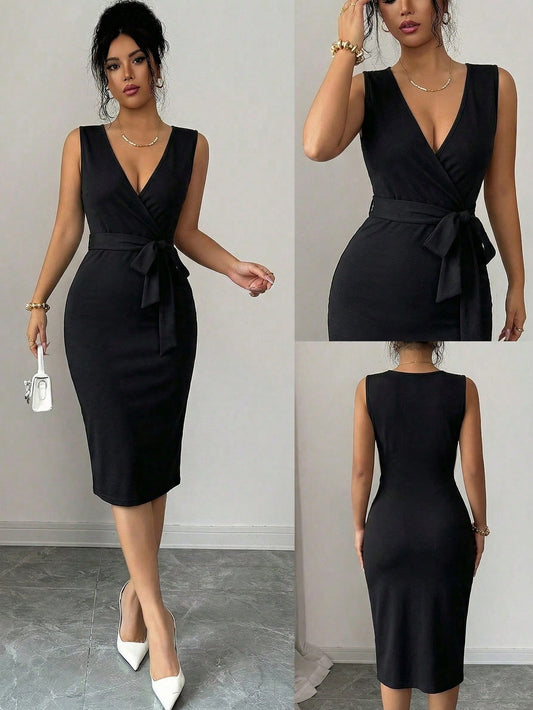 6193 Crossed Collar Cinched Waist Bow Tie Bodycon Dress