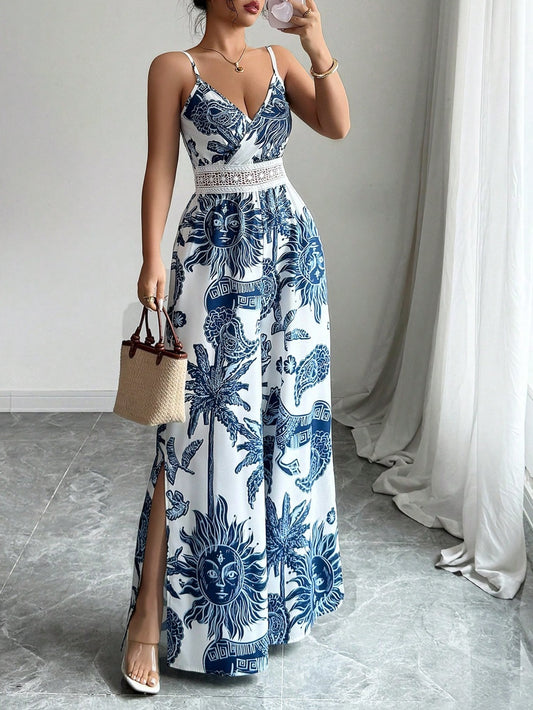 9543 V-Neck Sleeveless Cinched Waist Wide Leg Jumpsuit