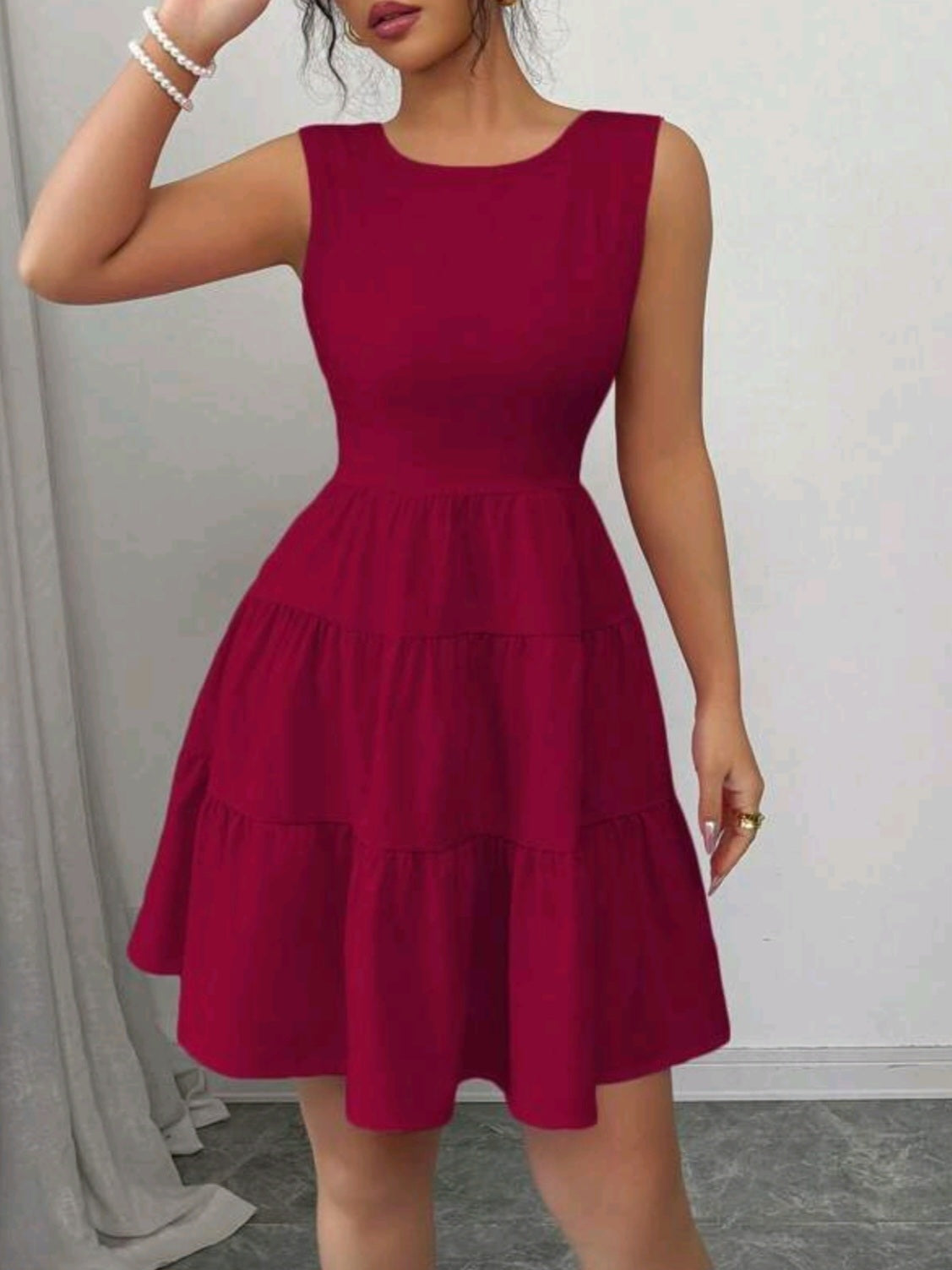 9121 Minimalist Pearl Chain Sleeveless Dress (Burgundy)