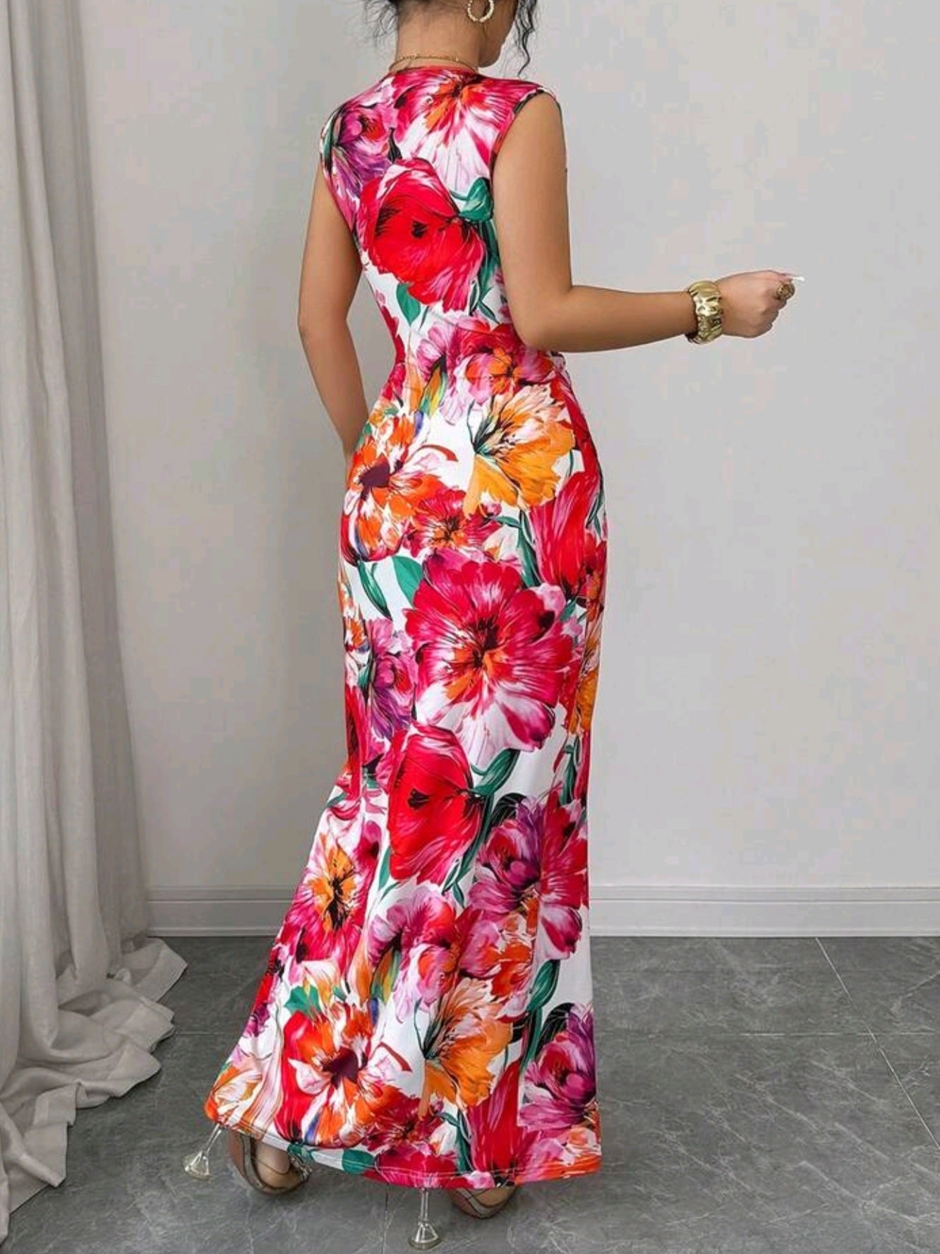 4935 V-Neck Ruffle Hem Slit A-Line Dress