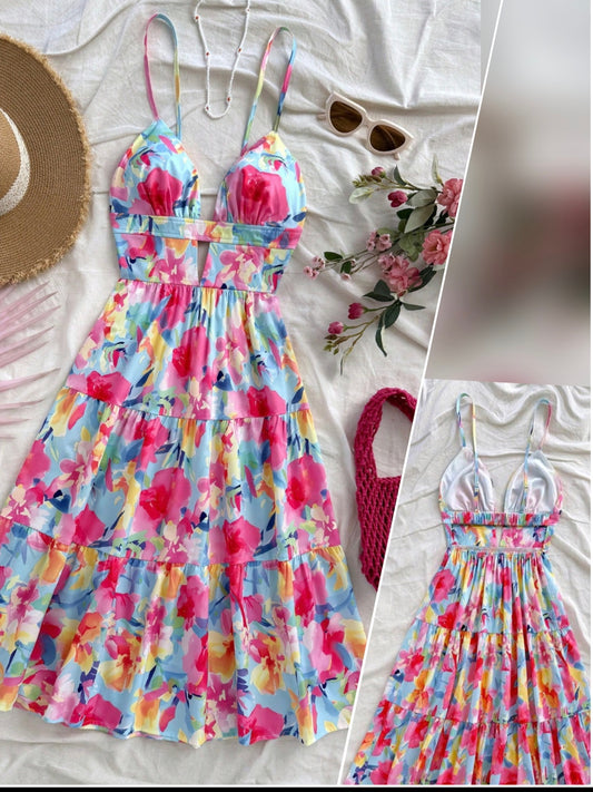 3656 V-Neck Hollow Backless Colorful Floral Print Mid-Length Dress