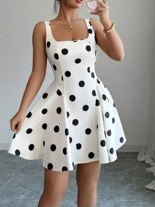 2263 Square Neck Black Polka Dot Dress (cream in colour)