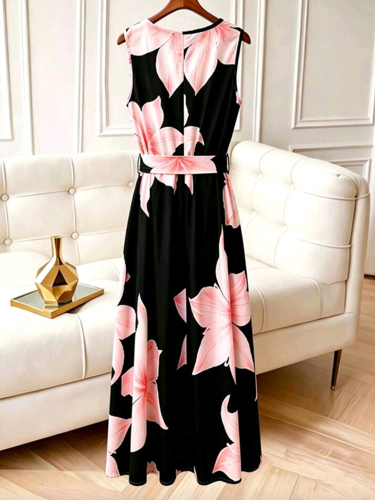 7998 Cowl Neck Sleeveless Tie Waist Dress