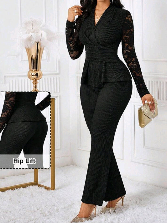 3513 2 piece Lace Long Sleeve Top And Flared Pants