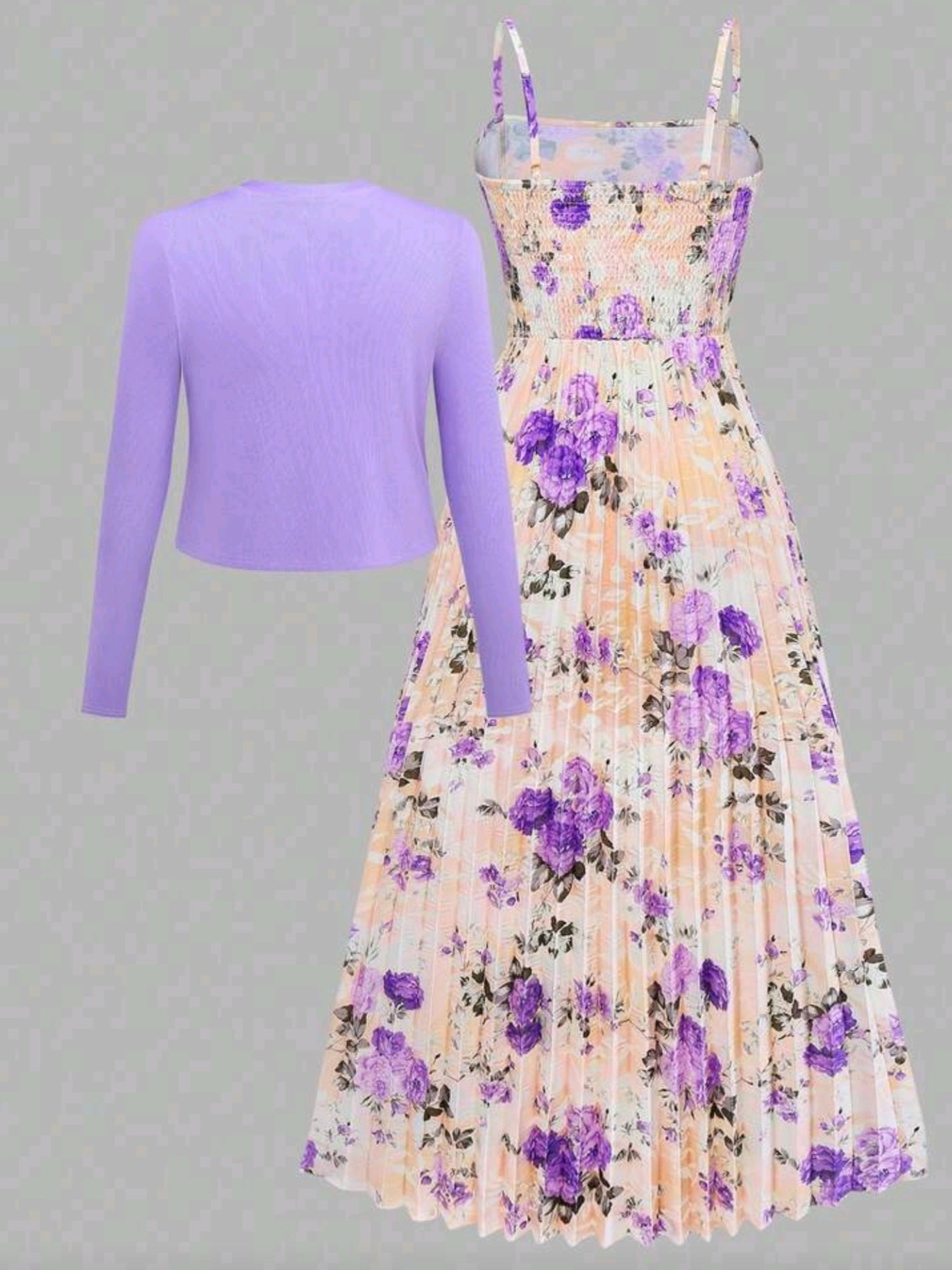 1925 2 piece set Floral Print Cinched Waist Dress With Knit Cardigan Set