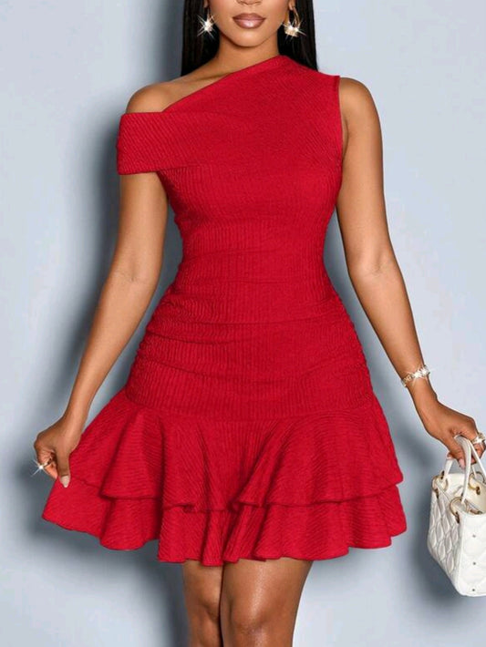 8093 Asymmetrical Neck Mini Dress