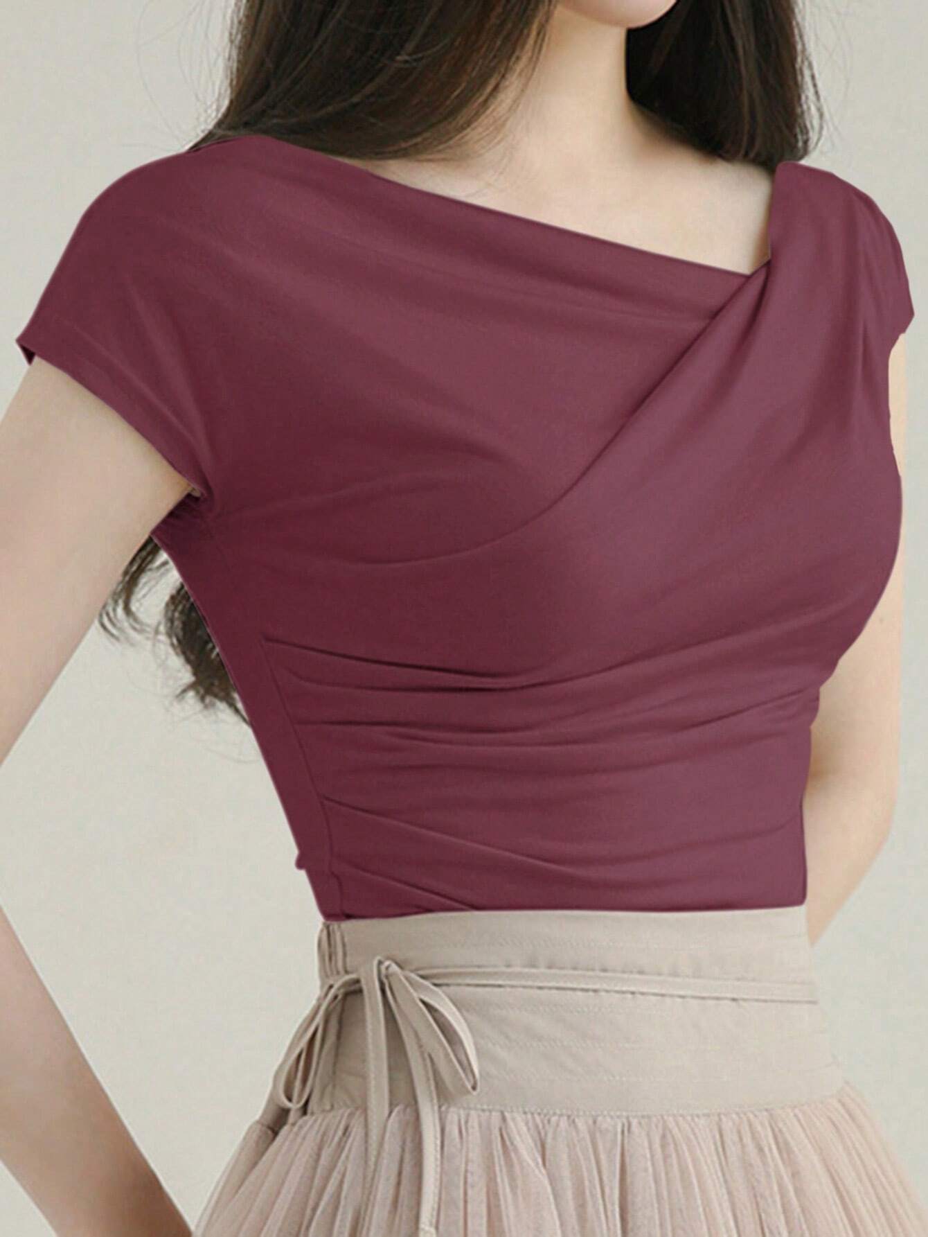 8039 Asymmetrical Collar Pleated Slim Short Sleeve Top