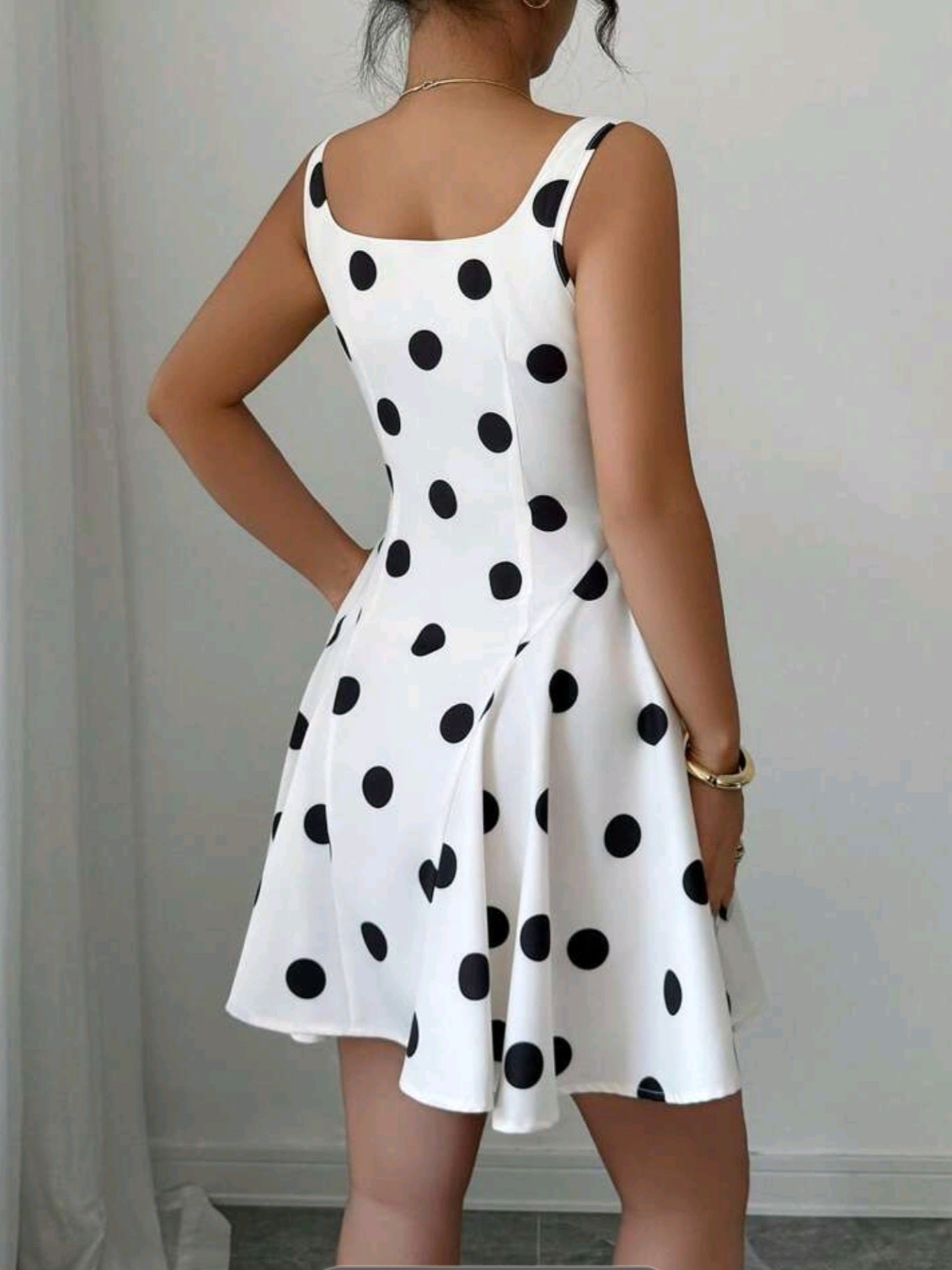 2263 Square Neck Black Polka Dot Dress (cream in colour)